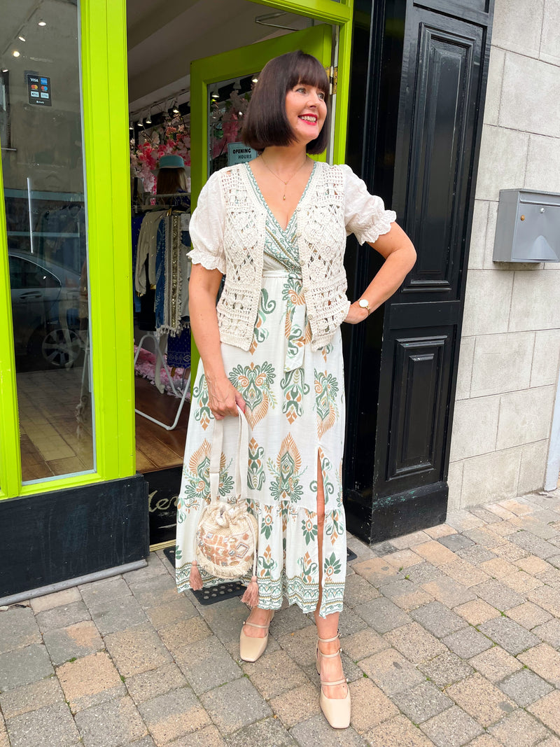 Willow Printed Dress with Pockets- Cream & Green