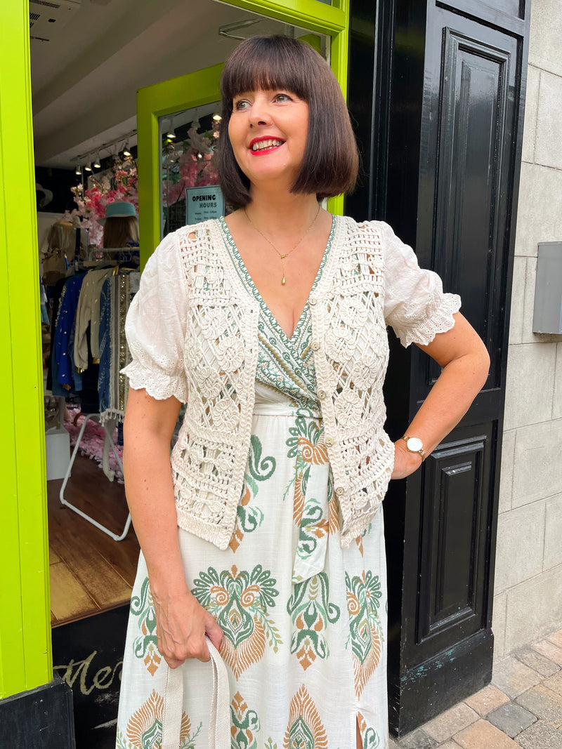 Willow Printed Dress with Pockets- Cream & Green