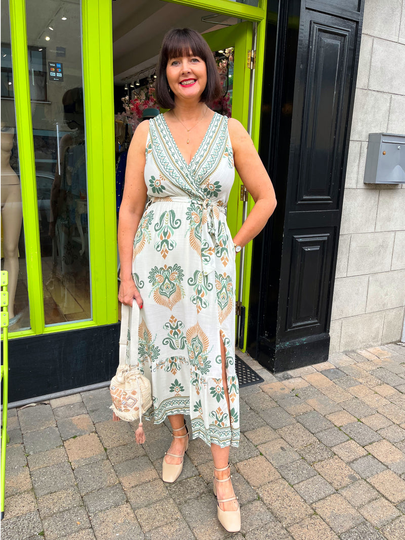 Willow Printed Dress with Pockets- Cream & Green