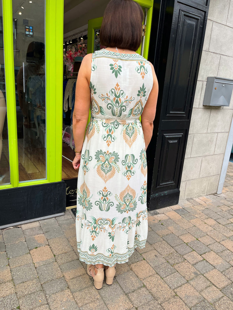 Willow Printed Dress with Pockets- Cream & Green