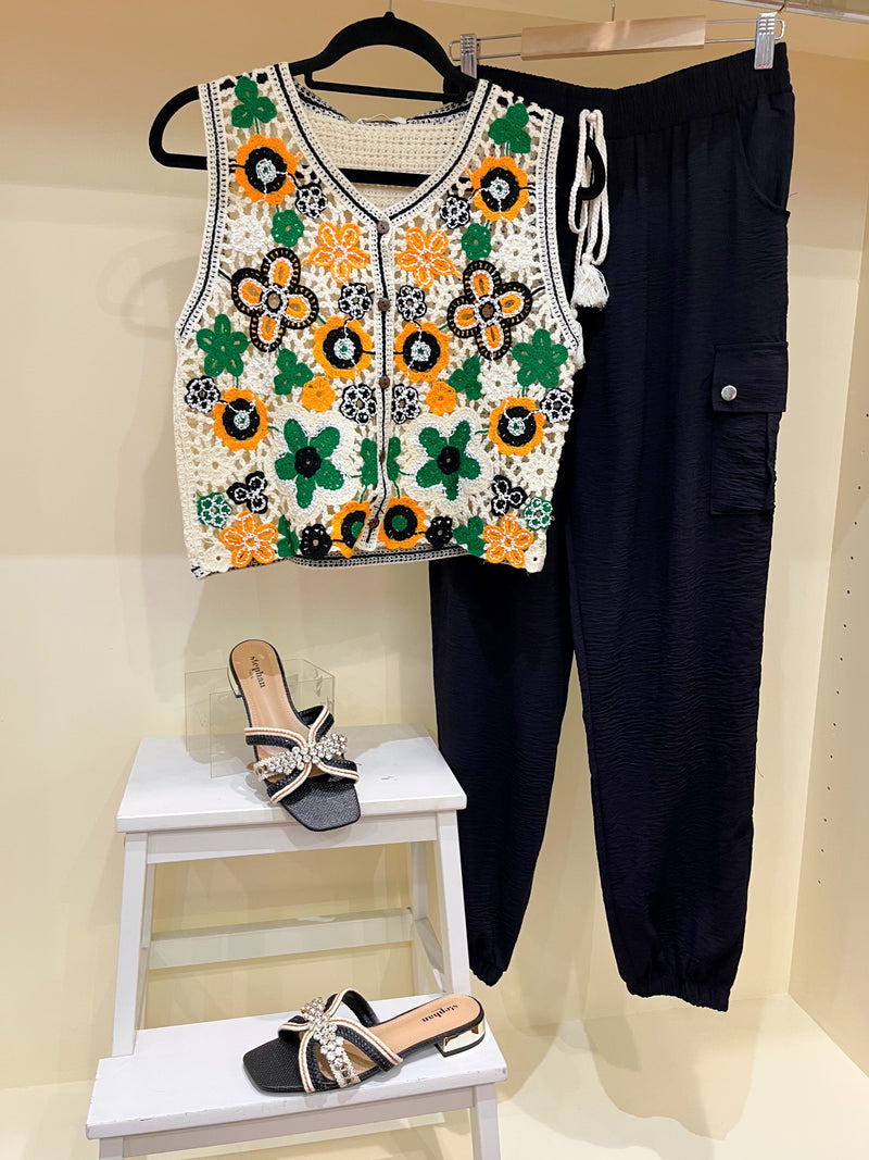 Christina Crochet Knit Waistcoat - Orange & Green