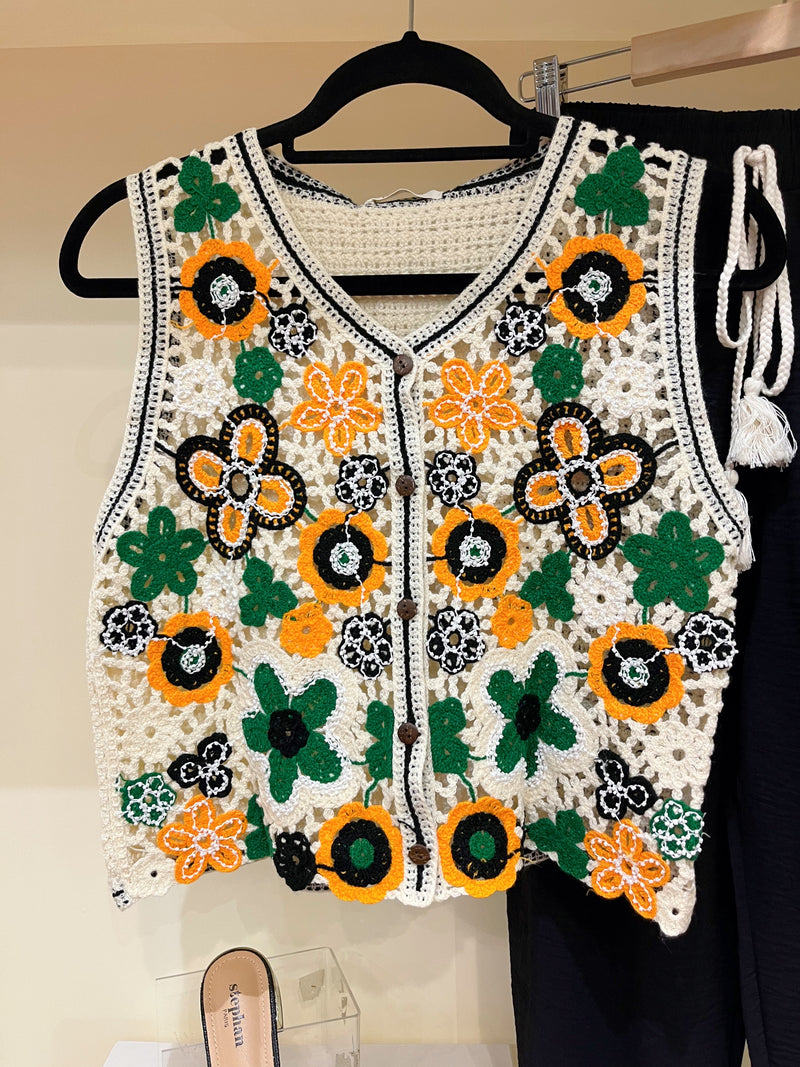 Christina Crochet Knit Waistcoat - Orange & Green