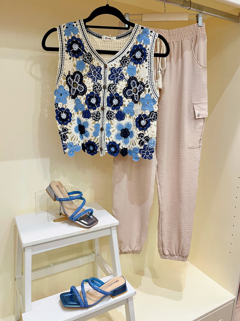 Christina Crochet Knit Waistcoat - Blue & Navy