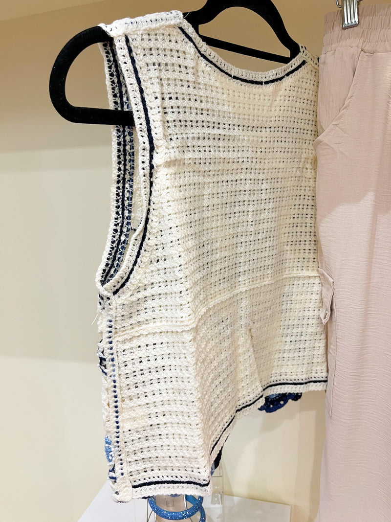 Christina Crochet Knit Waistcoat - Blue & Navy