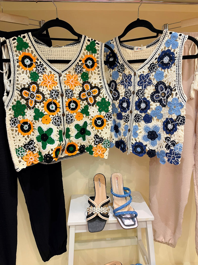 Christina Crochet Knit Waistcoat - Orange & Green