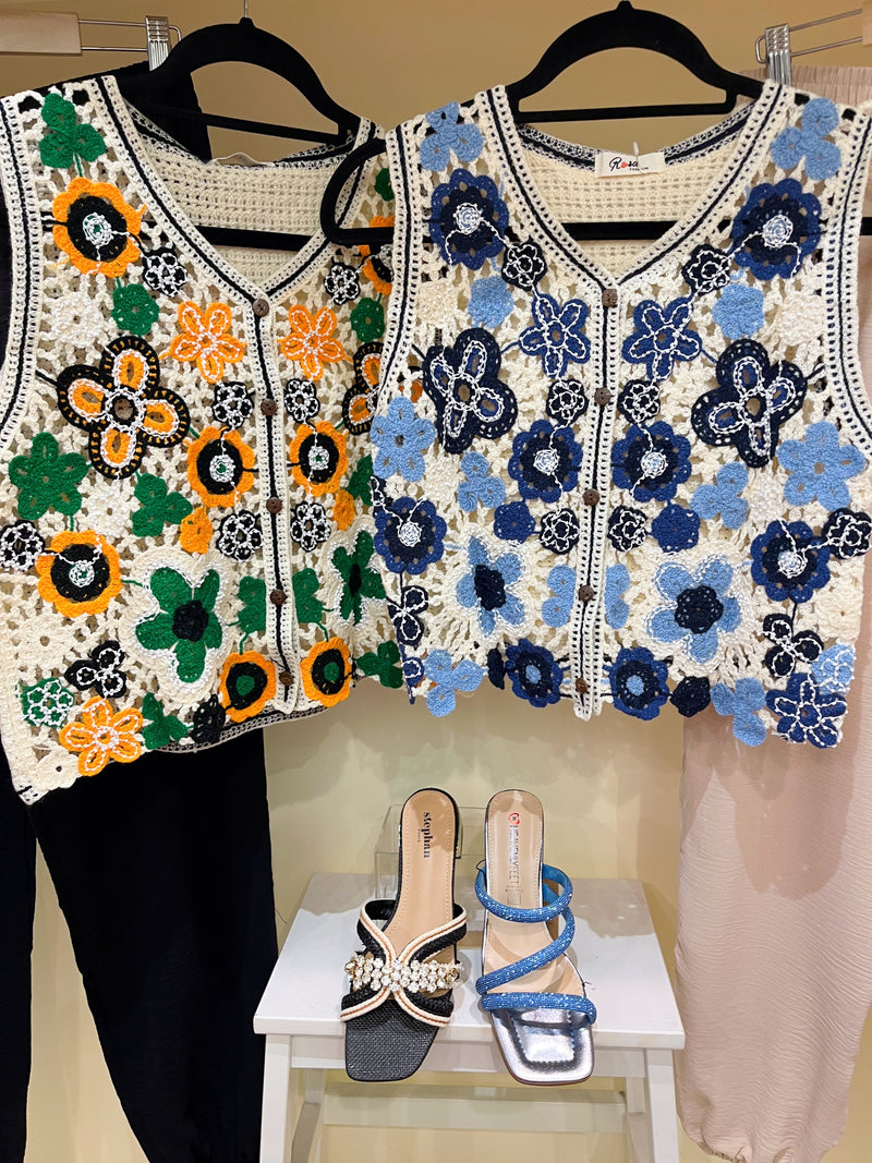 Christina Crochet Knit Waistcoat - Blue & Navy