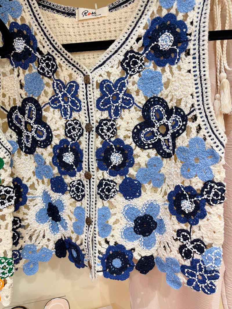 Christina Crochet Knit Waistcoat - Blue & Navy