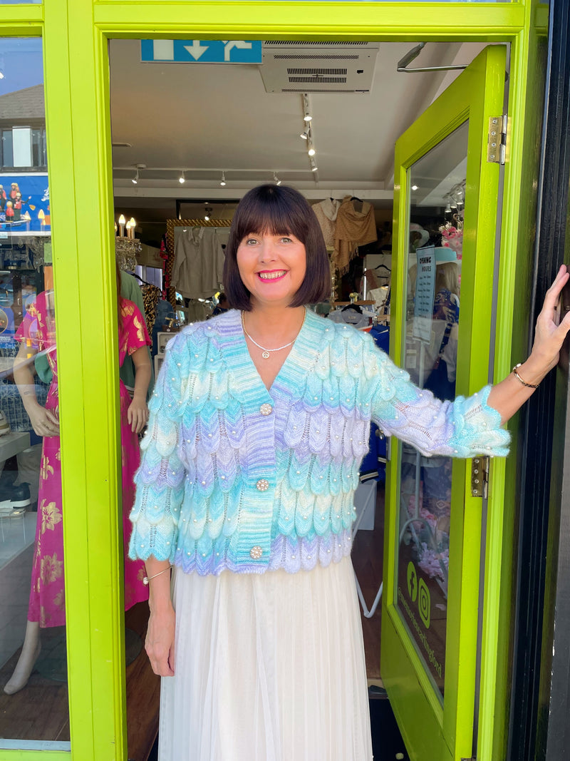 Mermaid Pearl Embellished & Pearl Button Cardi - Lilac, Lemon & Green