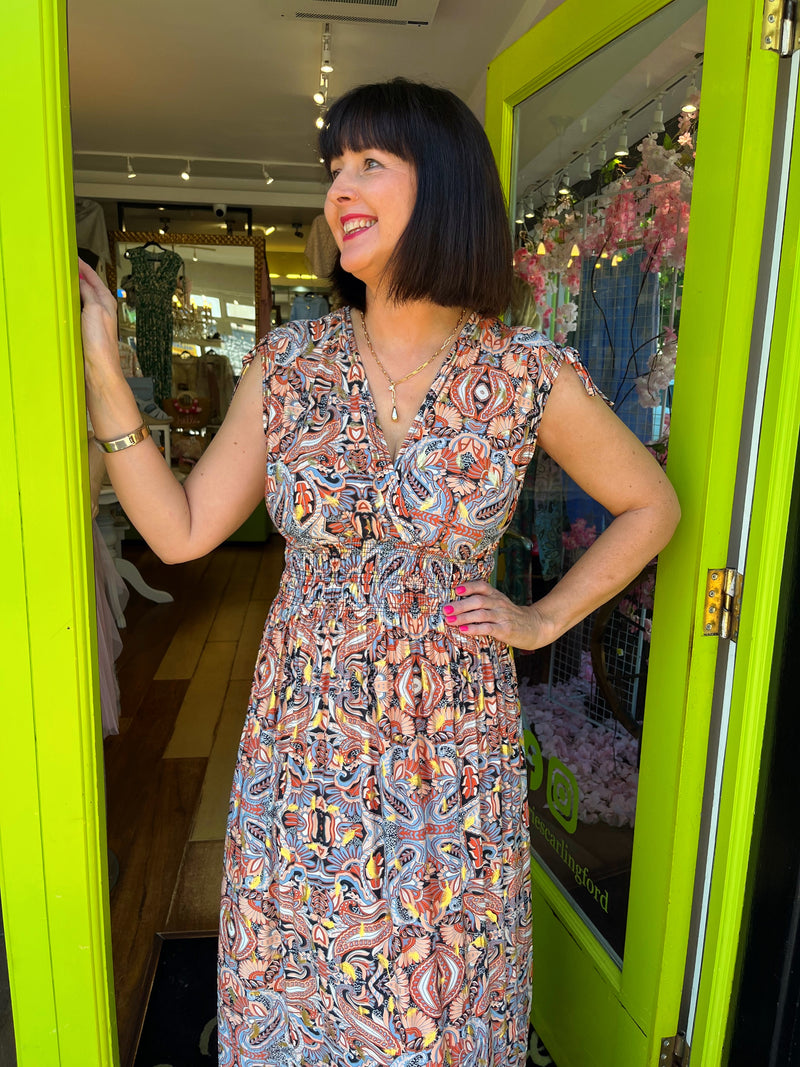 Magic Paisley & Gold Speckle Maxi Dress - Terracotta & Black