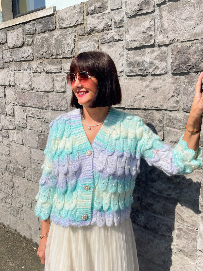 Mermaid Pearl Embellished & Pearl Button Cardi - Lilac, Lemon & Green