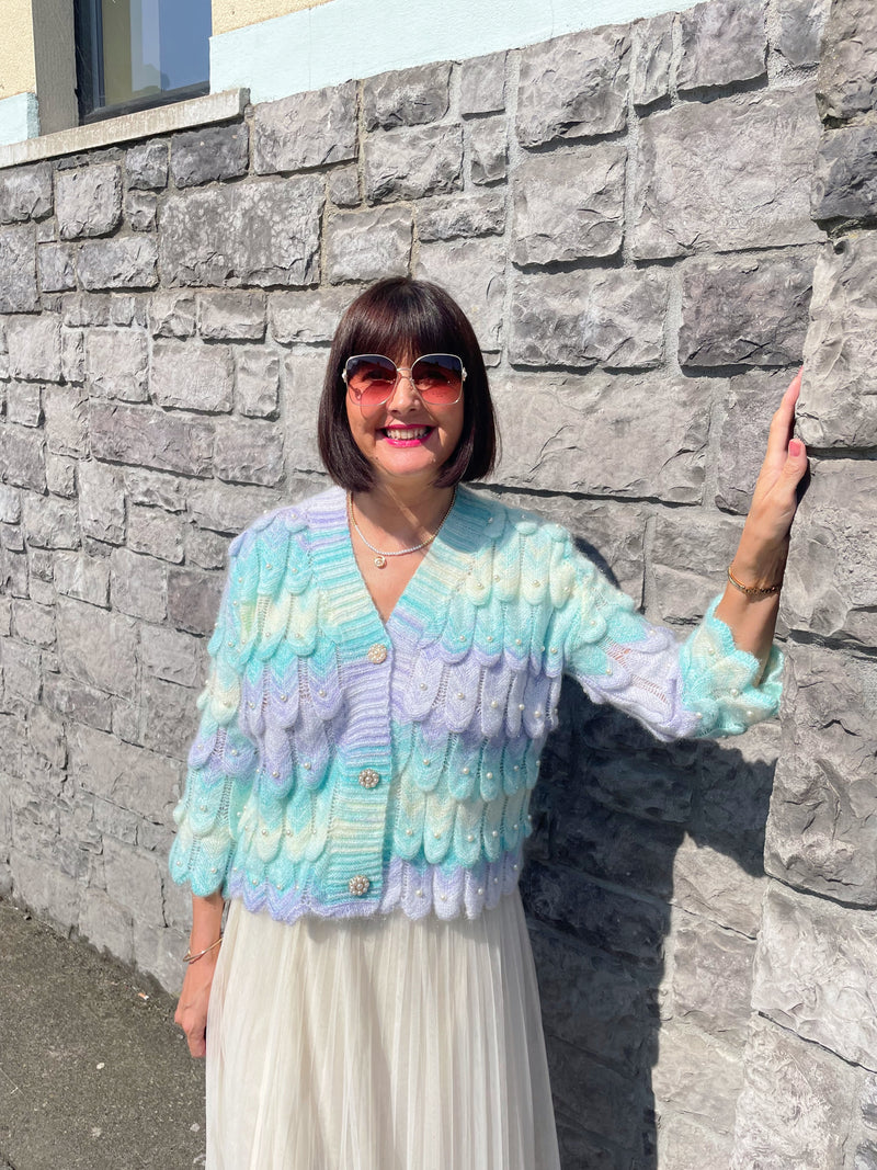 Mermaid Pearl Embellished & Pearl Button Cardi - Lilac, Lemon & Green