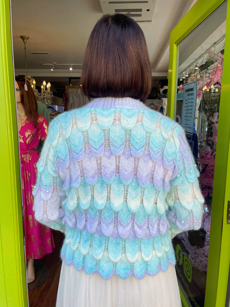 Mermaid Pearl Embellished & Pearl Button Cardi - Lilac, Lemon & Green