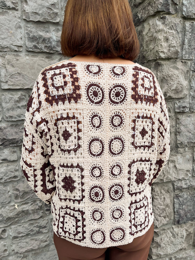Dawn Two Tone Bow Tie Crochet Cardi - Brown