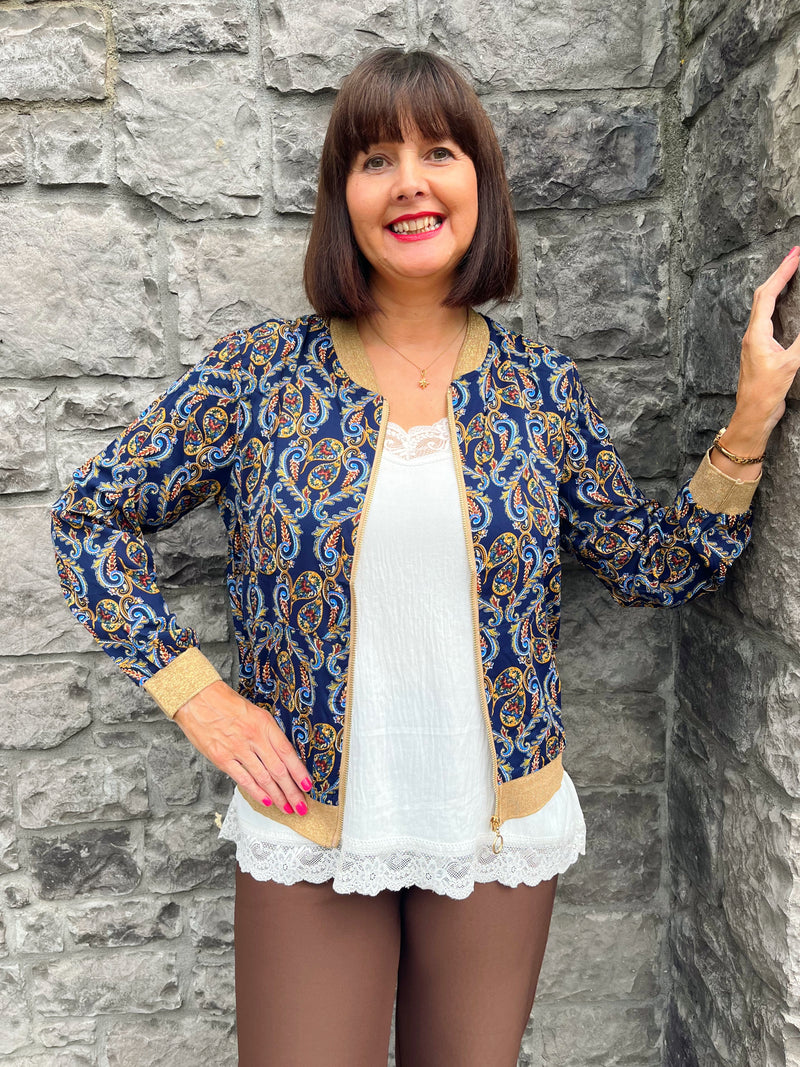 Elena Paisley Printed Bomber - Navy