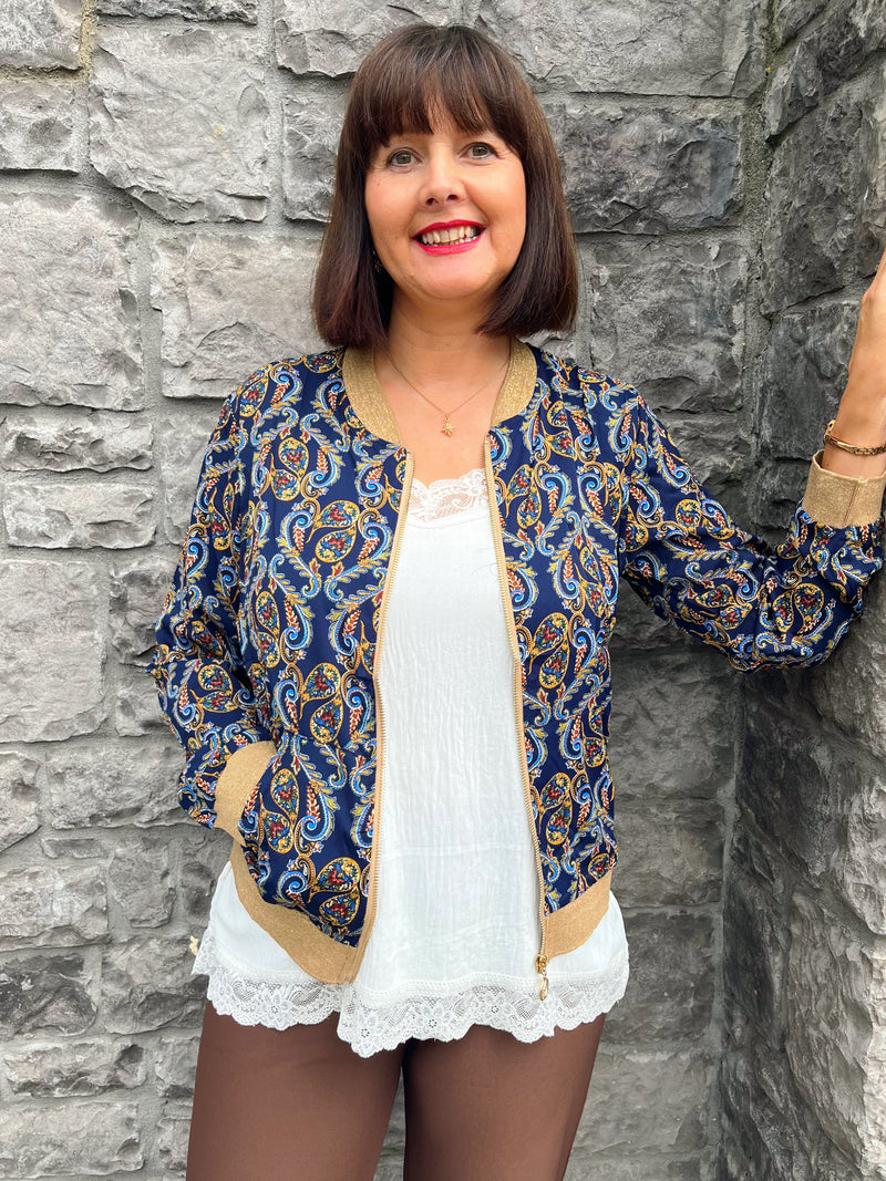 Elena Paisley Printed Bomber - Navy