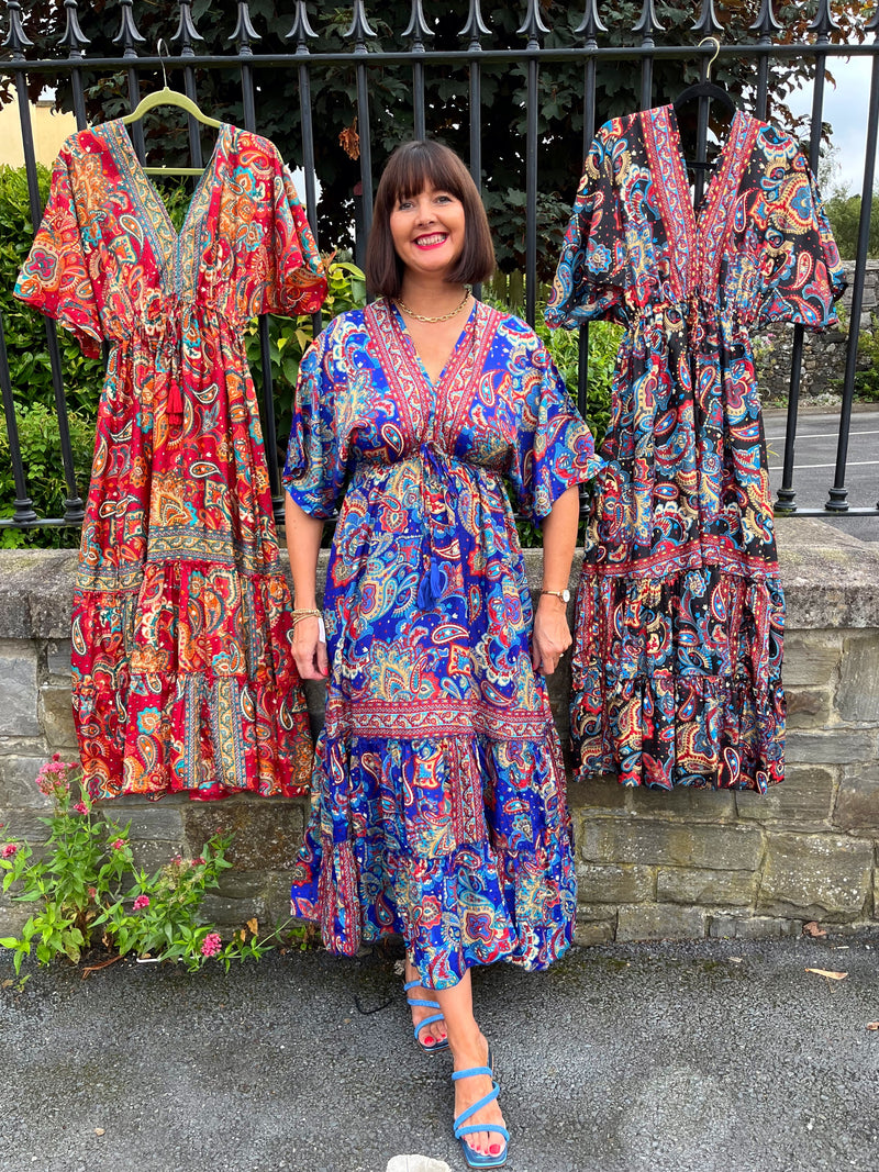 Autumn Paisley Boho Dress - Royal Blue