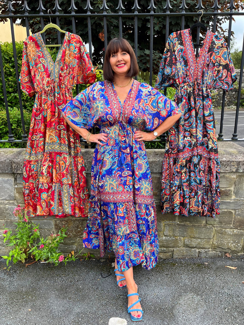 Autumn Paisley Boho Dress - Royal Blue