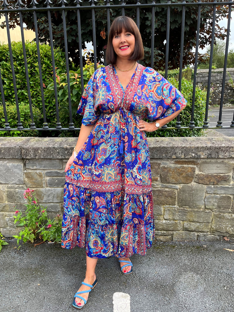 Autumn Paisley Boho Dress - Royal Blue