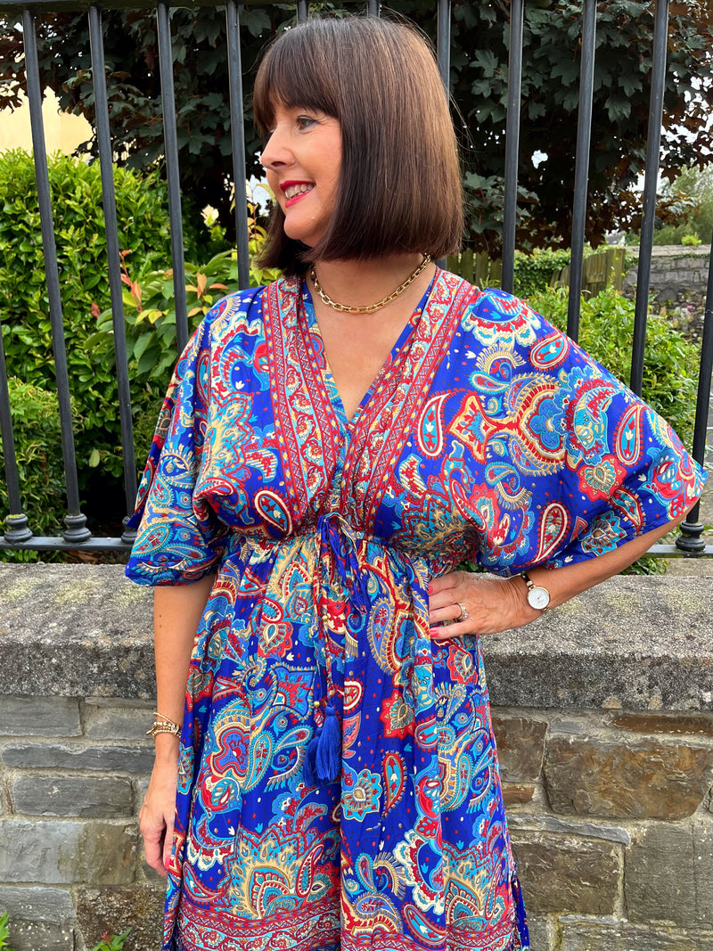Autumn Paisley Boho Dress - Royal Blue