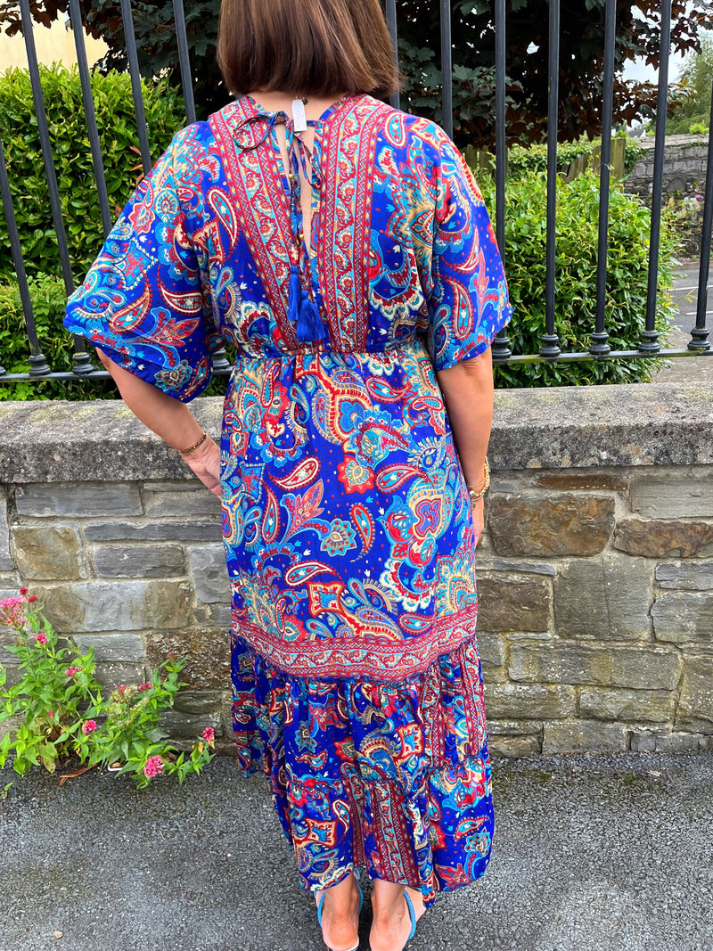 Autumn Paisley Boho Dress - Royal Blue