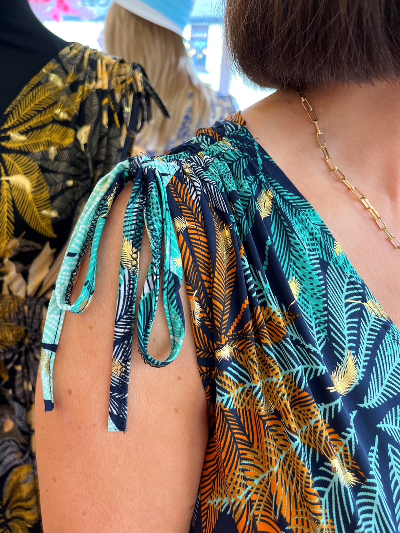Magic Leaf Print Maxi Dress - Green, Gold & Navy