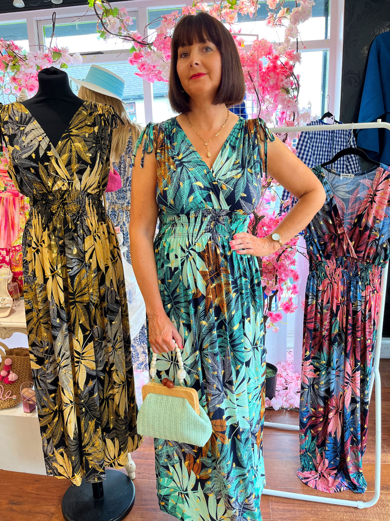 Magic Leaf Print Maxi Dress - Green, Gold & Navy