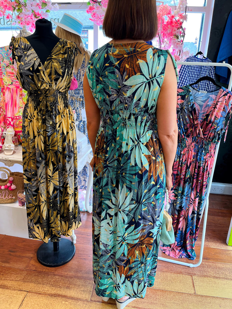 Magic Leaf Print Maxi Dress - Green, Gold & Navy
