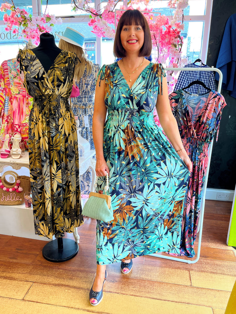 Magic Leaf Print Maxi Dress - Green, Gold & Navy