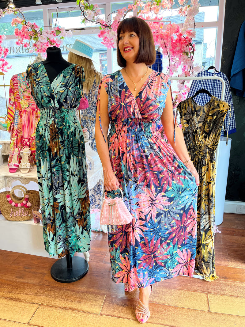 Magic Leaf Print Maxi Dress - Coral, Blue, Gold & Navy