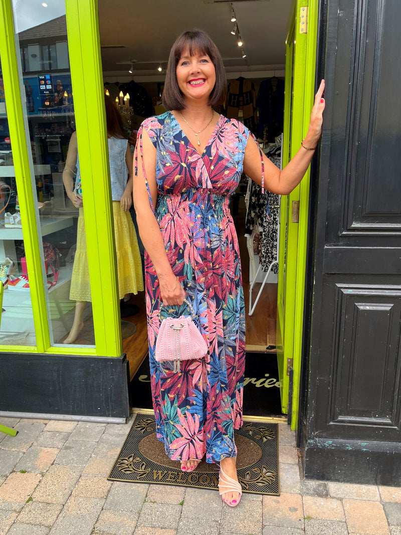 Magic Leaf Print Maxi Dress - Coral, Blue, Gold & Navy