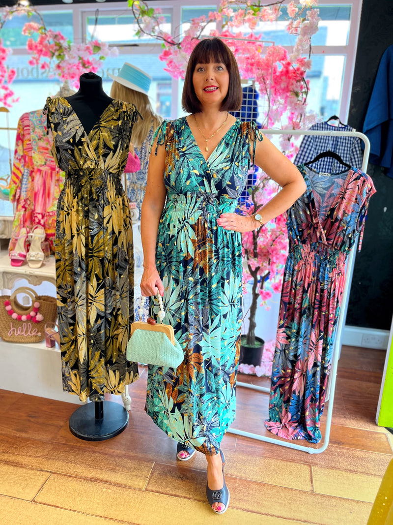 Magic Leaf Print Maxi Dress - Green, Gold & Navy