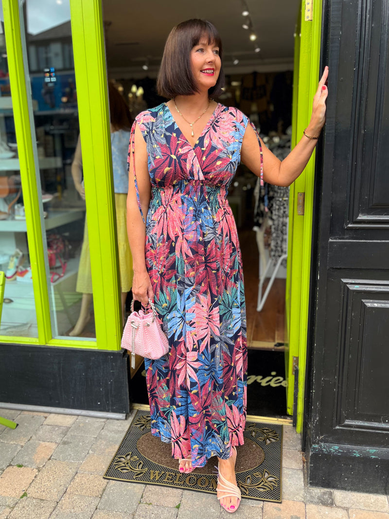 Magic Leaf Print Maxi Dress - Coral, Blue, Gold & Navy