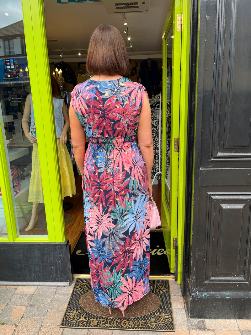 Magic Leaf Print Maxi Dress - Coral, Blue, Gold & Navy