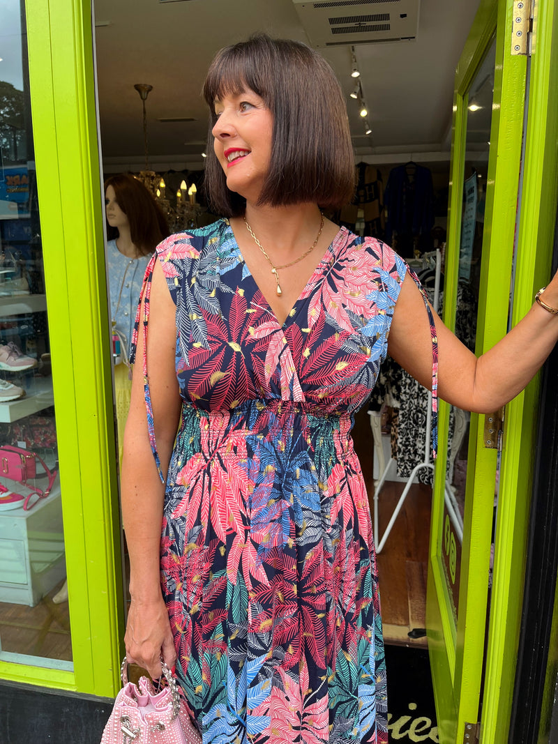 Magic Leaf Print Maxi Dress - Coral, Blue, Gold & Navy