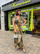 Magic Leaf Print Maxi Dress - Gold, Yellow & Black