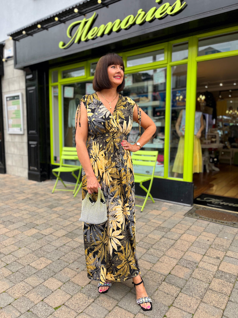 Magic Leaf Print Maxi Dress - Gold, Yellow & Black