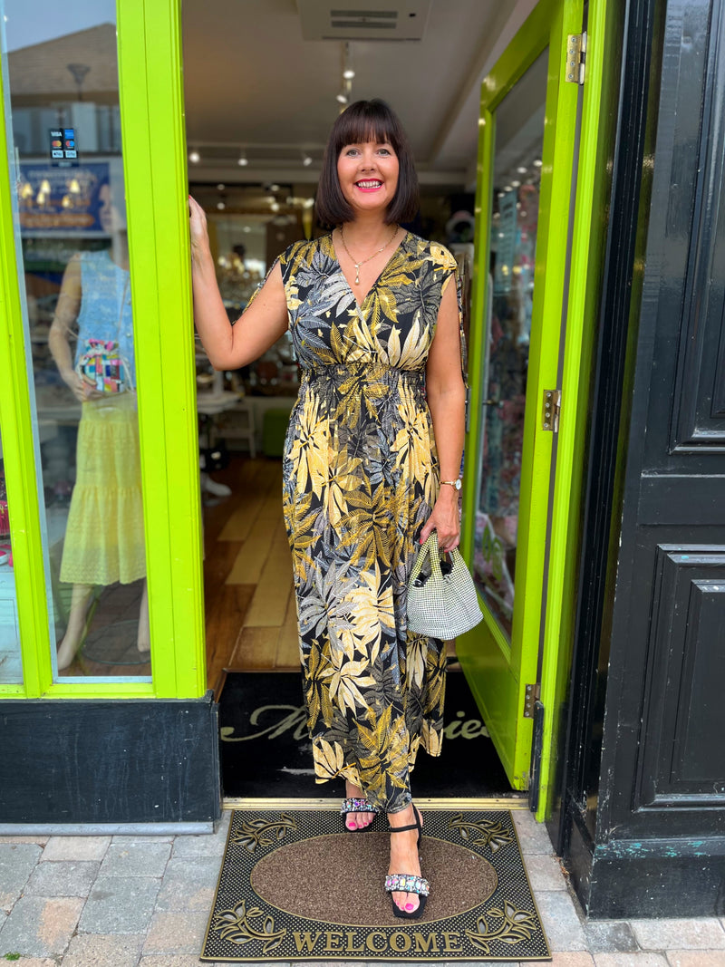 Magic Leaf Print Maxi Dress - Gold, Yellow & Black
