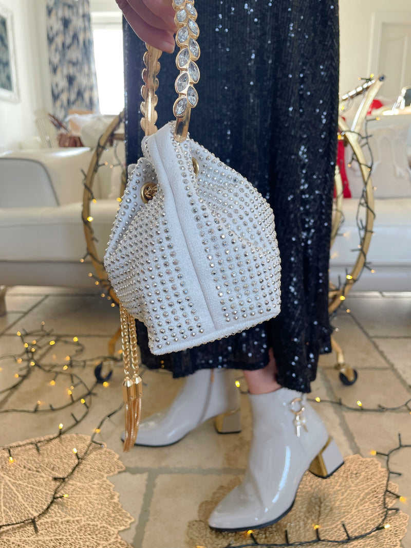 Gabby Diamanté Bag With Crystal-Embellished Metal Handle - Light Grey