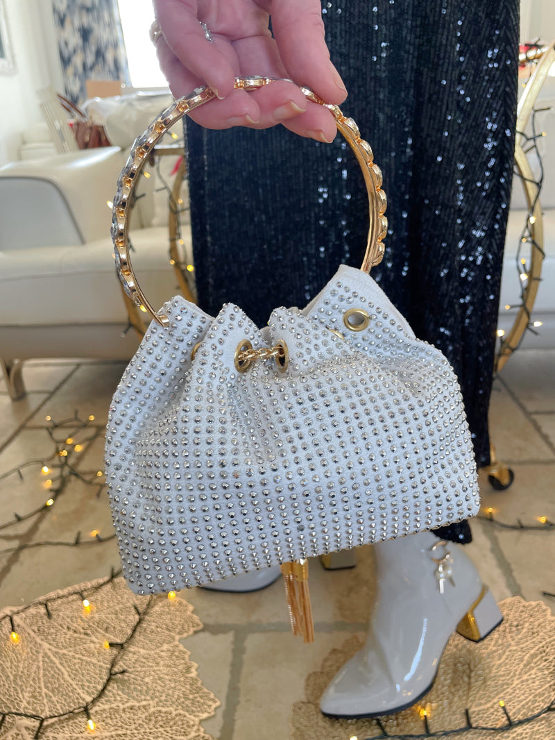 Gabby Diamanté Bag With Crystal-Embellished Metal Handle - Light Grey