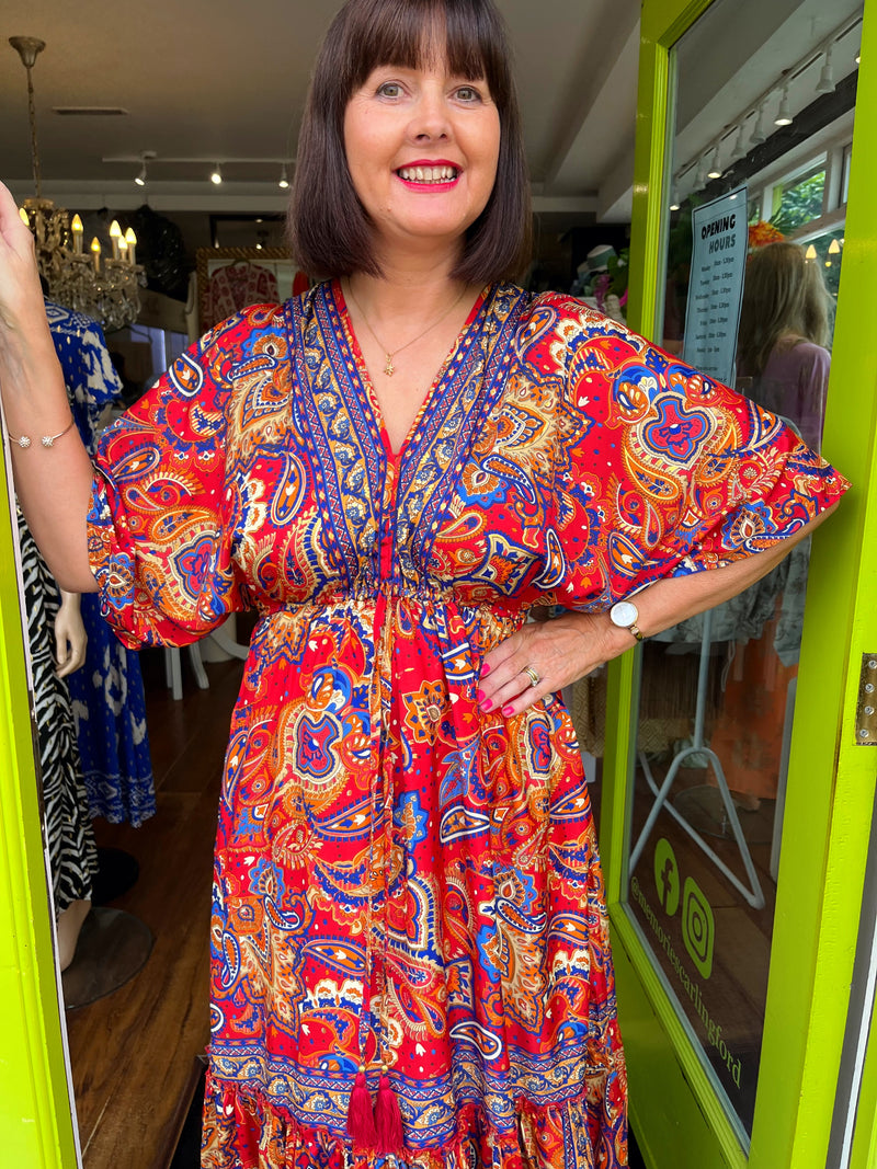 Autumn Paisley Boho Dress - Red