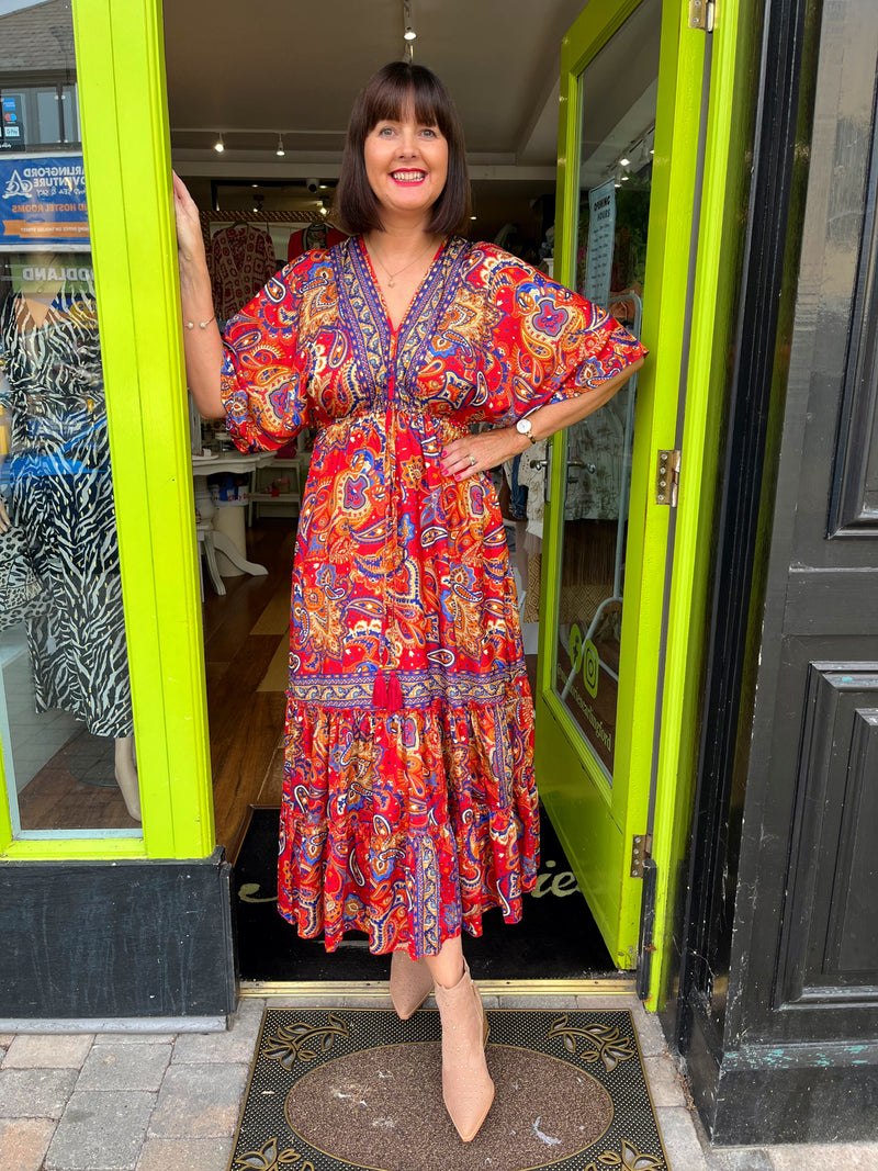 Autumn Paisley Boho Dress - Red