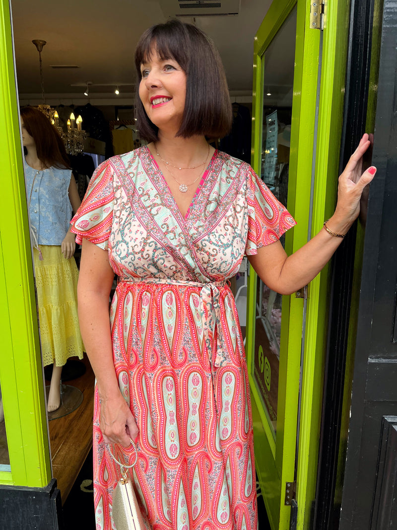 Imogen Paisley Print Dress - Green, Peach & Pink