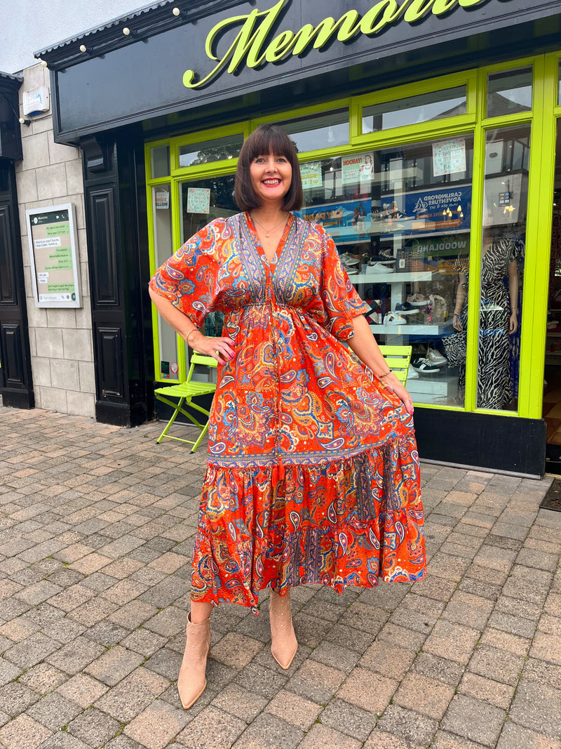 Autumn Paisley Boho Dress - Orange