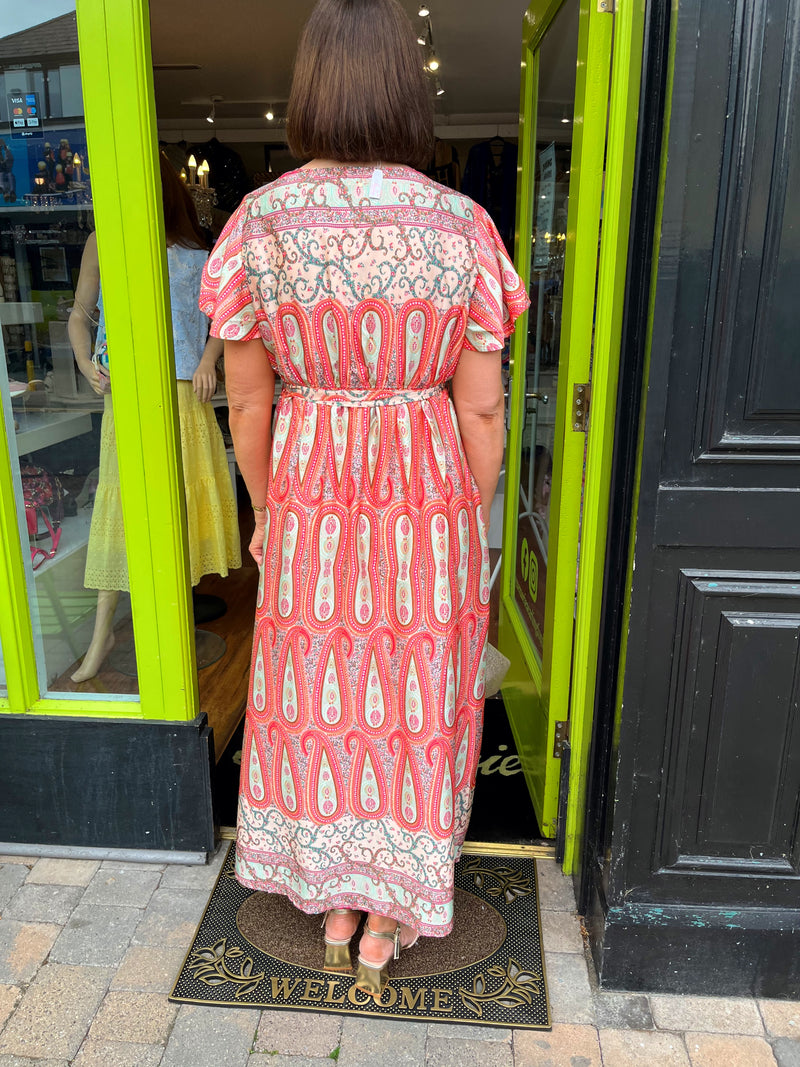 Imogen Paisley Print Dress - Green, Peach & Pink