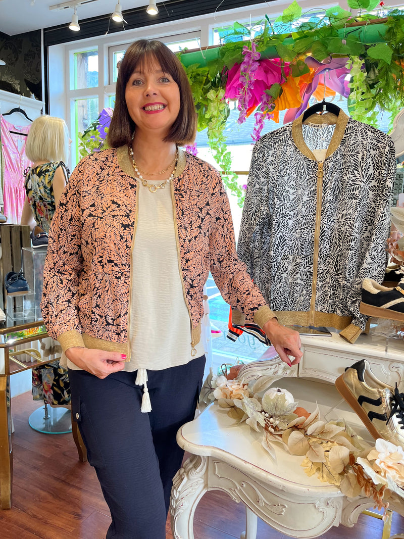 Elena Leaf Printed Bomber Jacket - Peach & Black