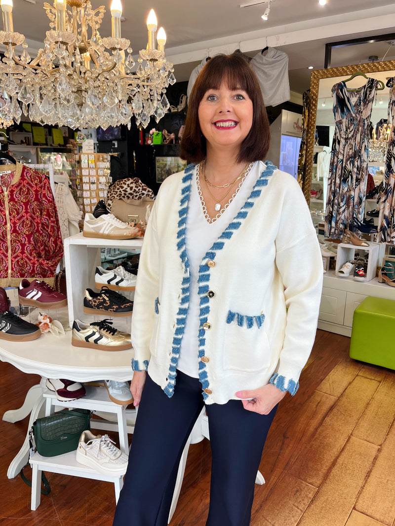 Lisa Cardi - Cream With Denim Trim