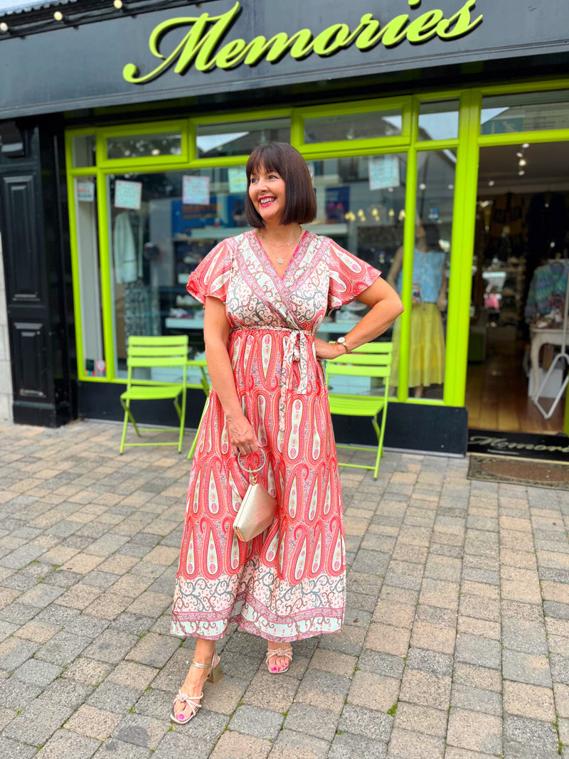 Imogen Paisley Print Dress - Green, Peach & Pink