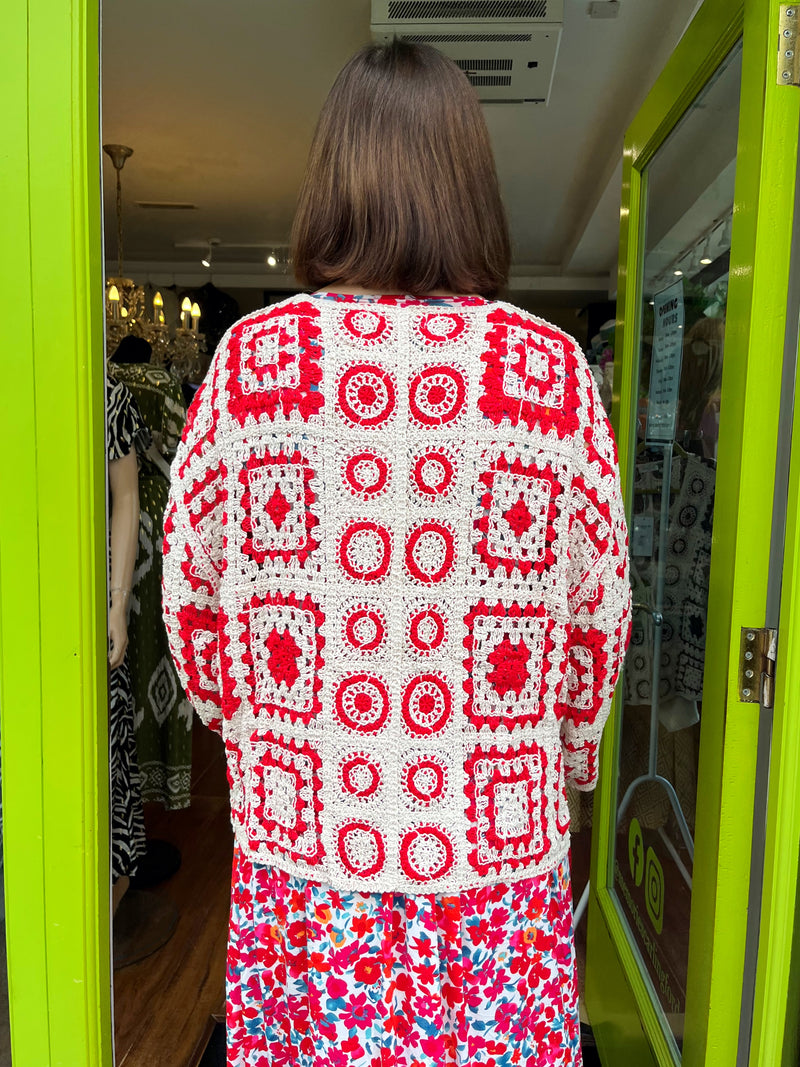 Dawn Two Tone Bow Tie Crochet Cardi - Red