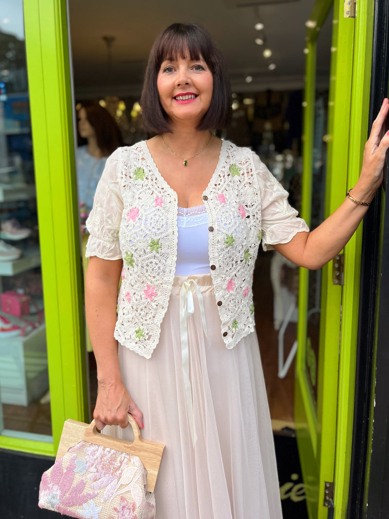 Lizzy Crochet & Embroidery Crop Cardi  - Green, Pink & Oat