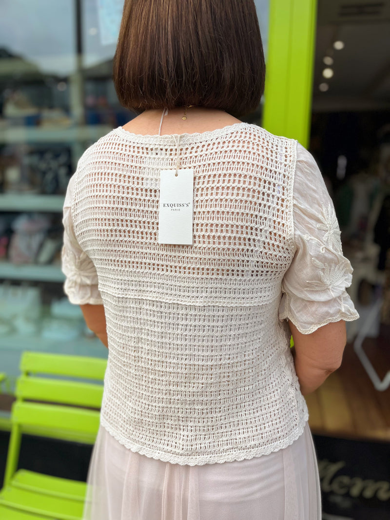 Lizzy Crochet & Embroidery Crop Cardi  - Green, Pink & Oat
